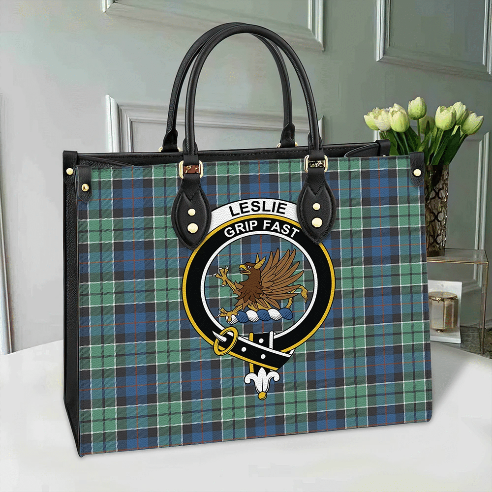 Clan Leslie Hunting Tartan Crest Leather Bag SF75 Clan Leslie Tartan Today   