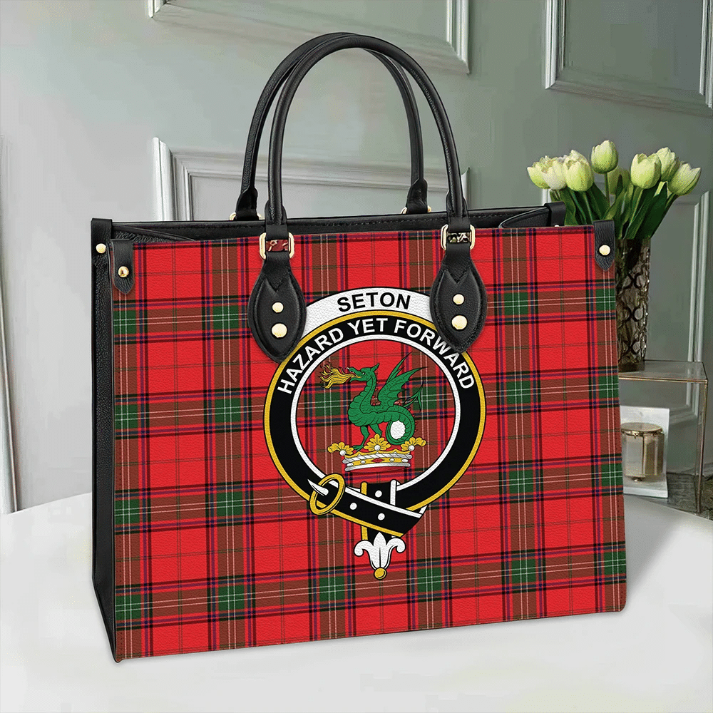 Clan Seton Modern Tartan Crest Leather Bag TF55 Clan Seton Tartan Today   