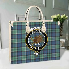 Clan Leslie Hunting Tartan Crest Leather Bag SF75 Clan Leslie Tartan Today   