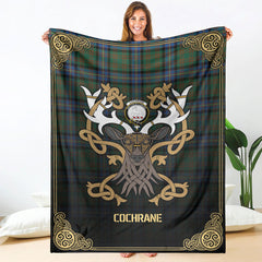 Clan Cochrane Ancient Tartan Crest Premium Blanket Celtic Stag Style CD40 Clan Cochrane Tartan Today   