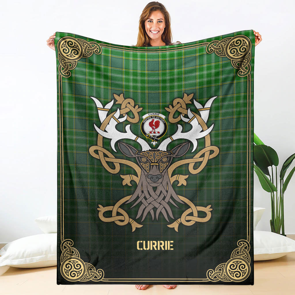 Clan Currie or Curry Tartan Crest Premium Blanket Celtic Stag Style NO35 Clan Currie Tartan Today   