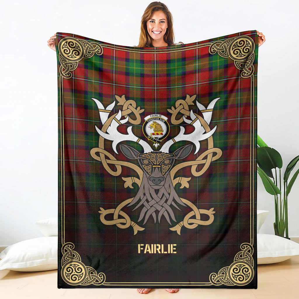 Clan Fairlie Tartan Crest Premium Blanket Celtic Stag Style CU58 Clan Fairlie Tartan Today   