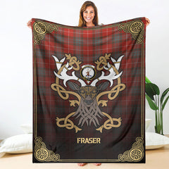 Clan Fraser (of Lovat) Weathered Tartan Crest Premium Blanket Celtic Stag Style KO28 Clan Fraser Tartan Today   