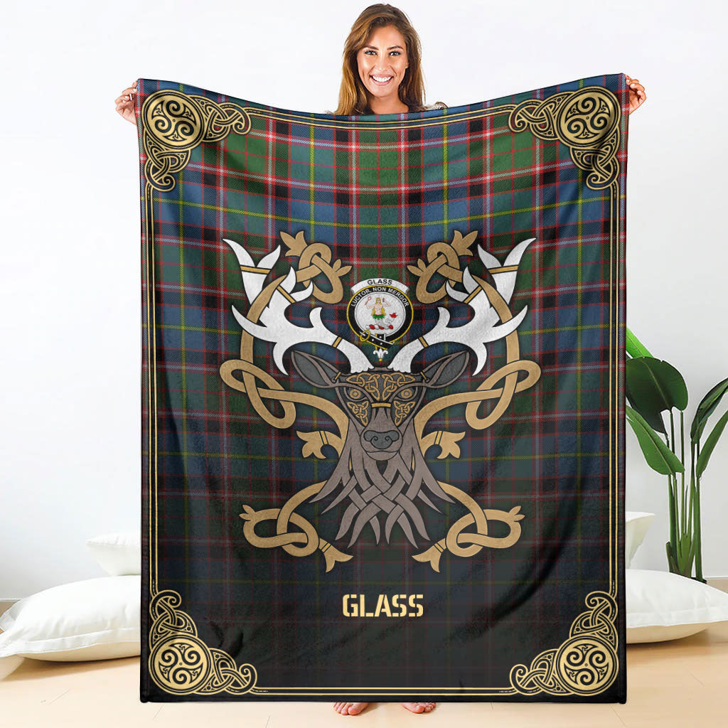 Clan Glass Tartan Crest Premium Blanket Celtic Stag Style KO95 Clan Glass Tartan Today   