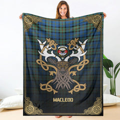 Clan MacLeod of Harris Ancient Tartan Crest Premium Blanket Celtic Stag Style PT17 Clan Hall Tartan Today   