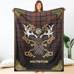 Clan MacPherson Ancient Tartan Crest Premium Blanket Celtic Stag Style OM10 Clan MacPherson Tartan Today   