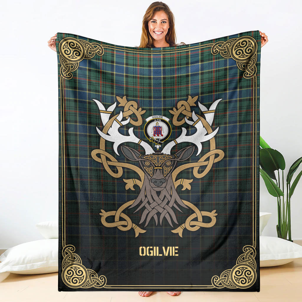 Clan Ogilvie Hunting Ancient Tartan Crest Premium Blanket Celtic Stag Style EE27 Clan Ogilvie Tartan Today   