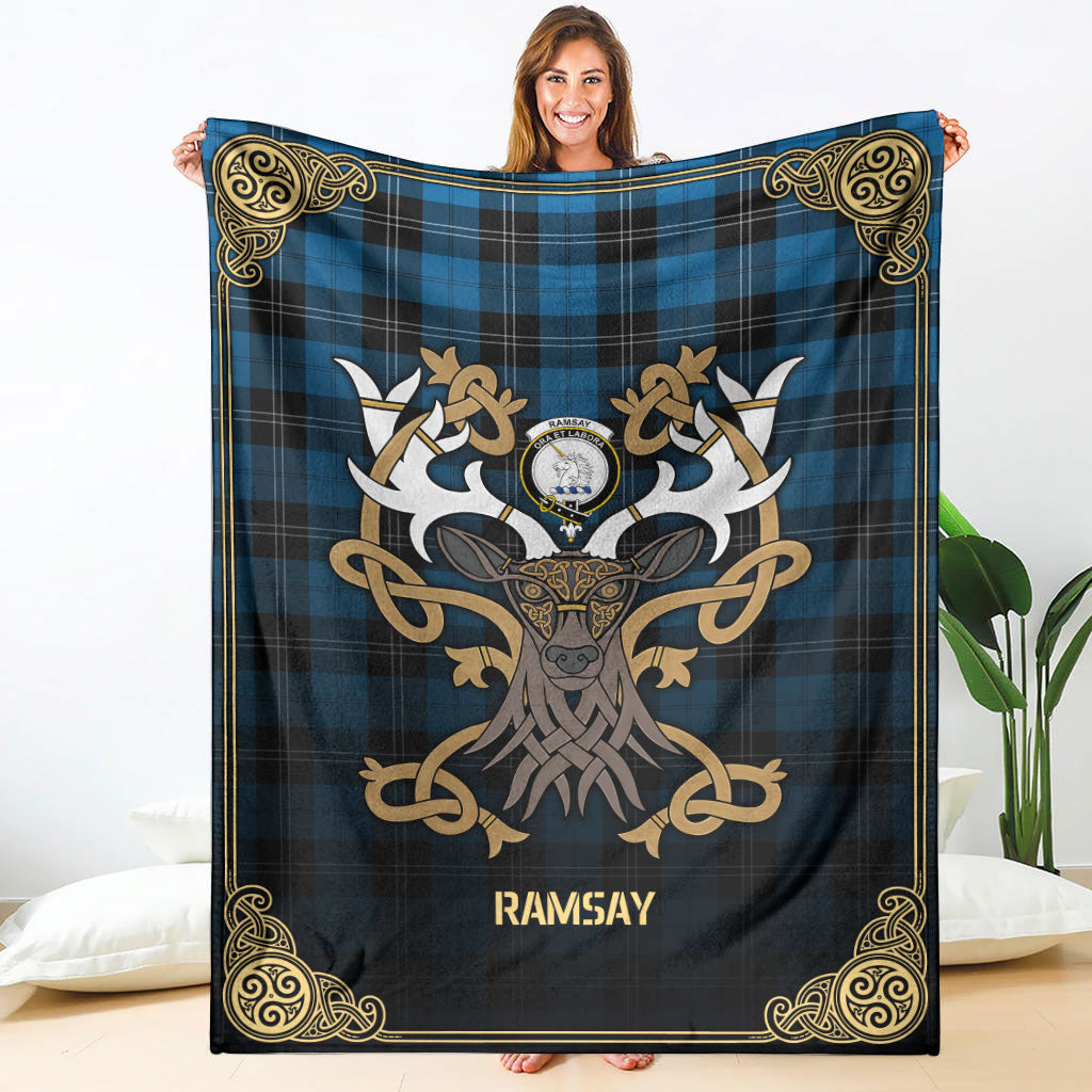 Clan Ramsay Blue Ancient Tartan Crest Premium Blanket Celtic Stag Style GX53 Clan Ramsay Tartan Today   