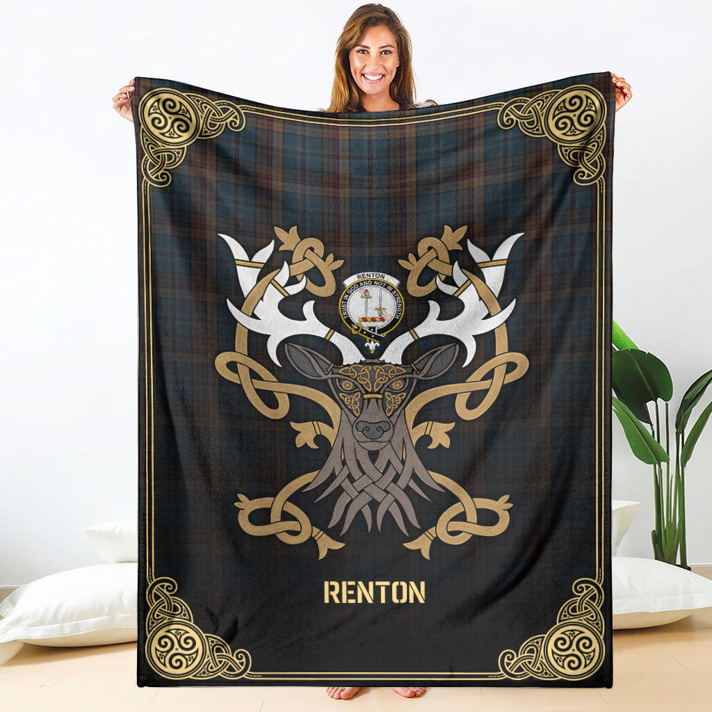 Clan Renton Tartan Crest Premium Blanket Celtic Stag Style OC59 Clan Hall Tartan Today   