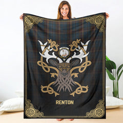 Clan Renton Tartan Crest Premium Blanket Celtic Stag Style OC59 Clan Hall Tartan Today   