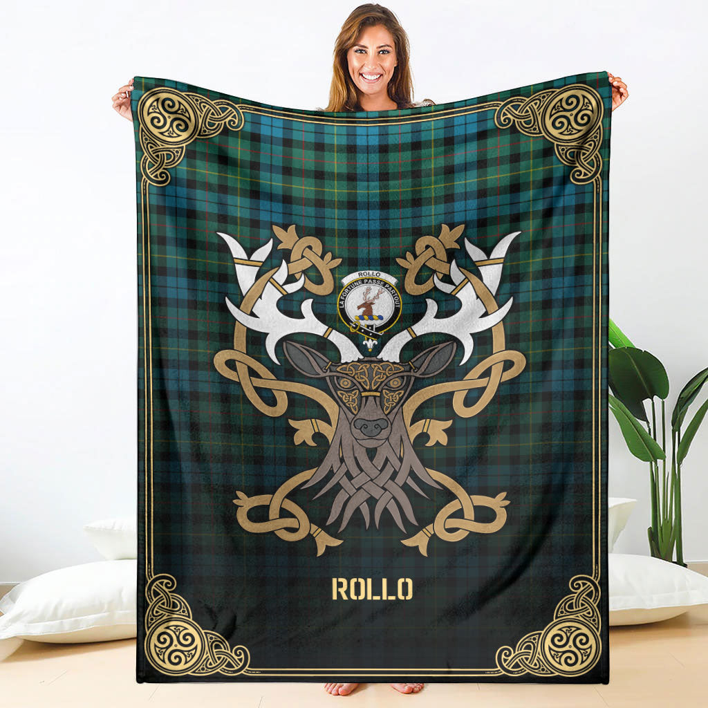 Clan Rollo Ancient Tartan Crest Premium Blanket Celtic Stag Style HV53 Clan Rollo Tartan Today   