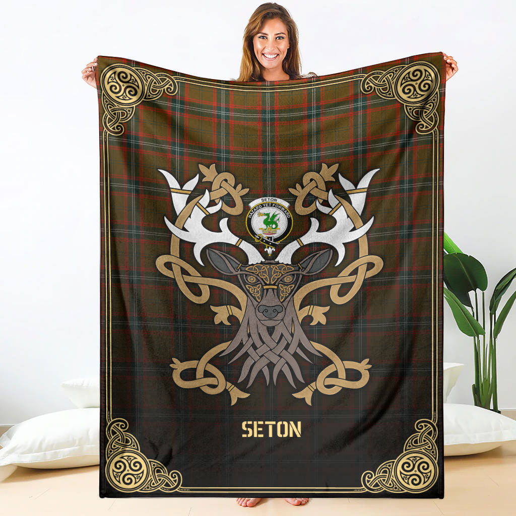 Clan Seton Hunting Modern Tartan Crest Premium Blanket Celtic Stag Style IZ73 Clan Seton Tartan Today   