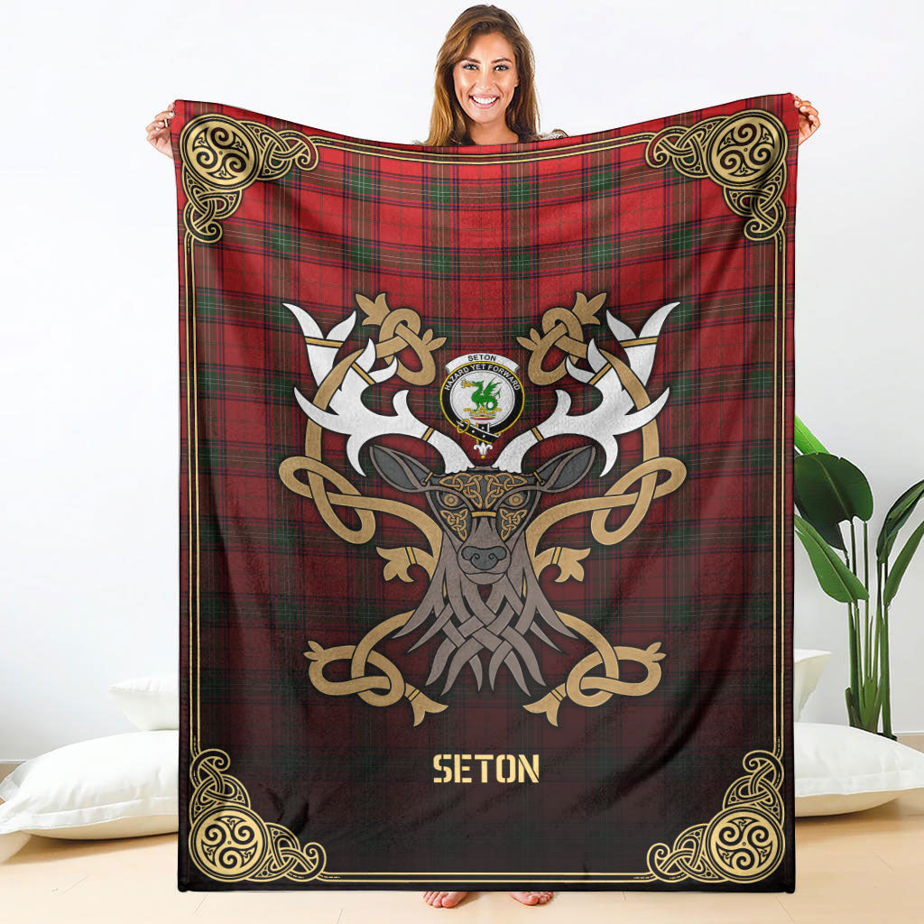 Clan Seton Modern Tartan Crest Premium Blanket Celtic Stag Style QI12 Clan Seton Tartan Today   