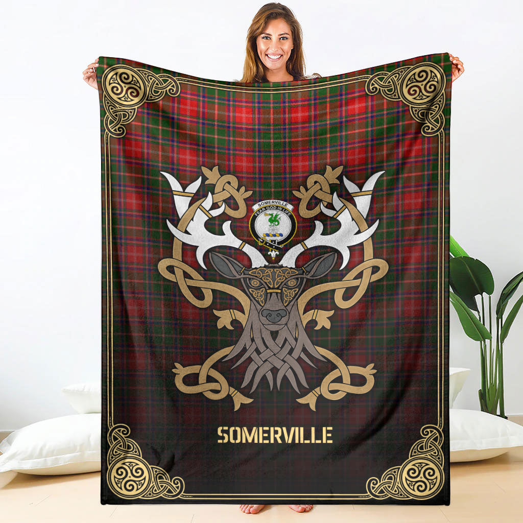 Clan Somerville Tartan Crest Premium Blanket Celtic Stag Style RO96 Clan Somerville Tartan Today   