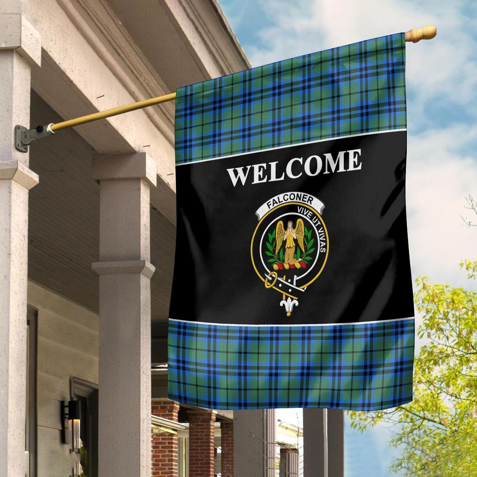 Clan Falconer Tartan Crest Black Garden Flag DI45 Clan Falconer Tartan Today   