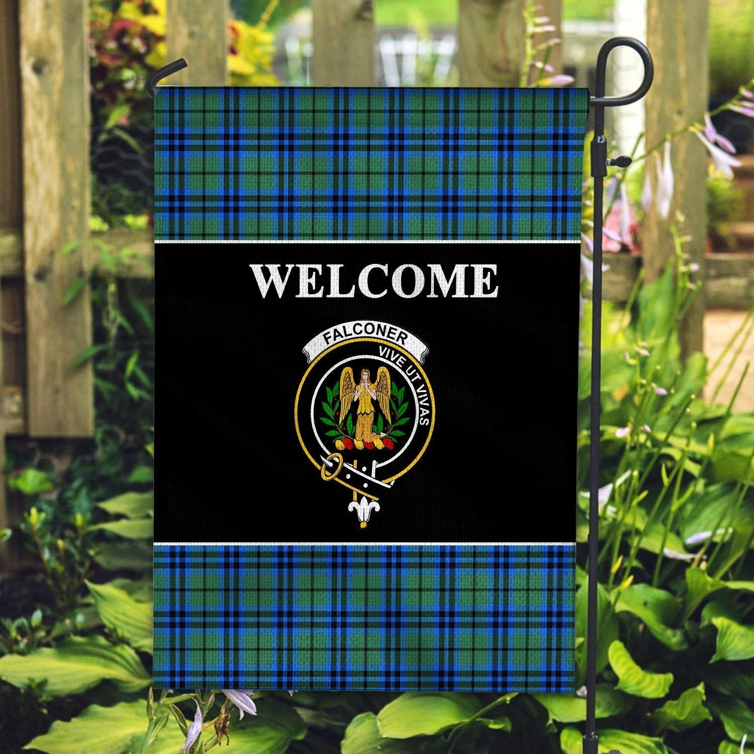 Clan Falconer Tartan Crest Black Garden Flag DI45 Clan Falconer Tartan Today   