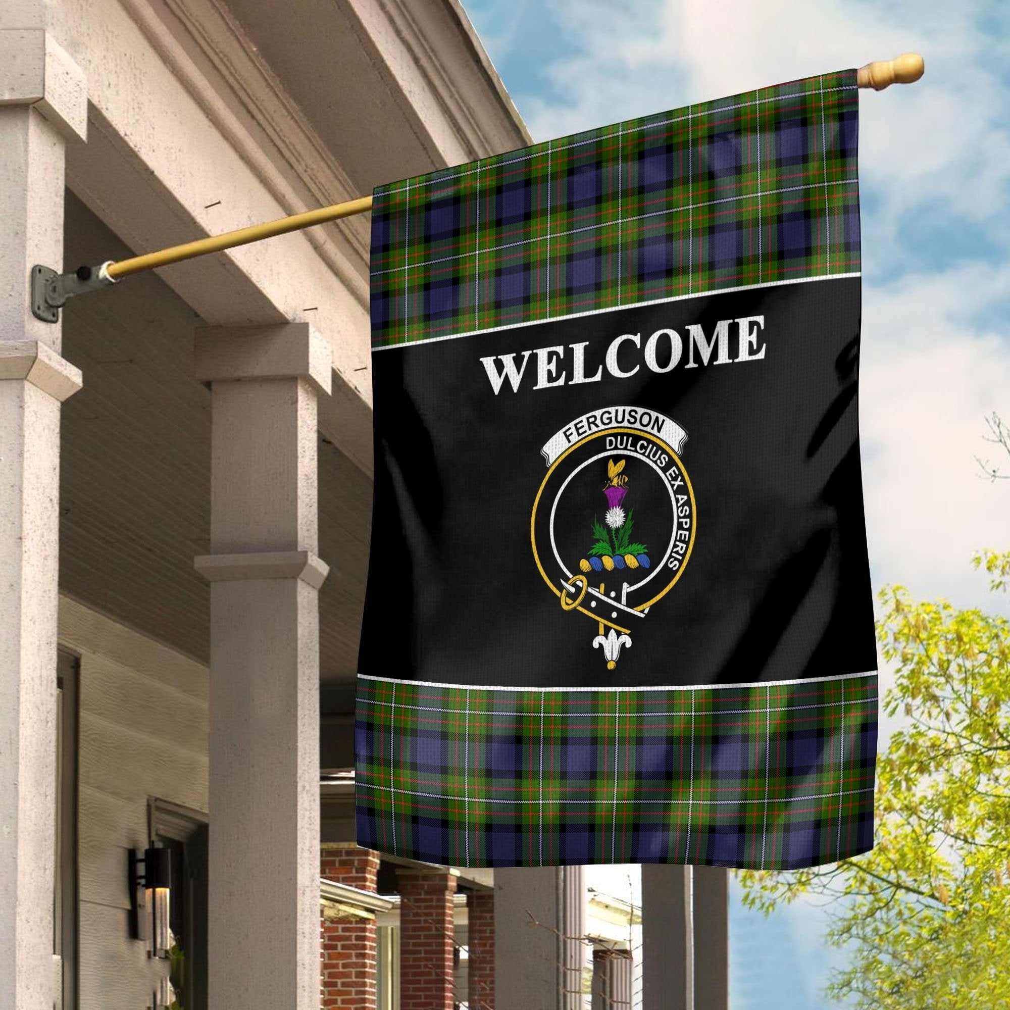 Clan Ferguson Tartan Crest Black Garden Flag IM28 Clan Garden Tartan Today   