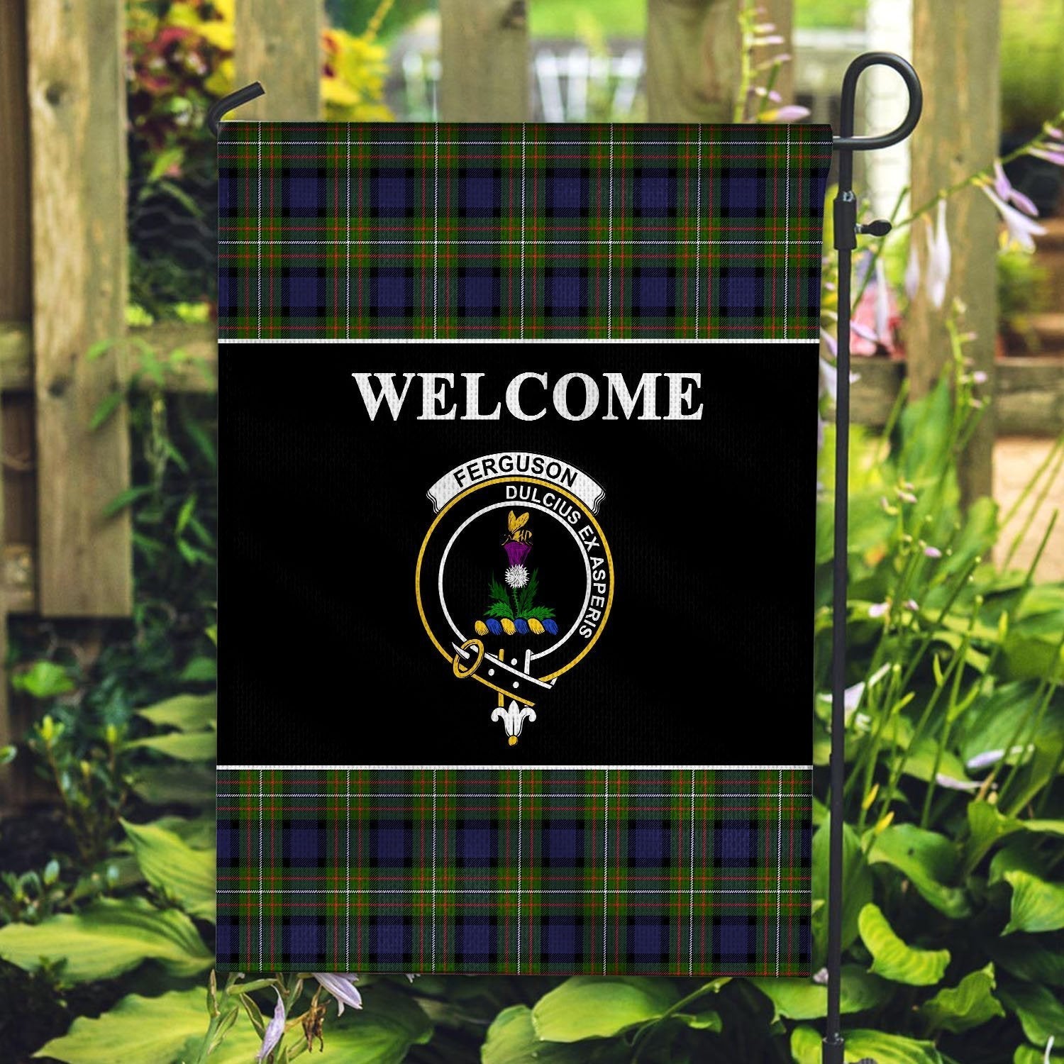 Clan Ferguson Tartan Crest Black Garden Flag IM28 Clan Garden Tartan Today   