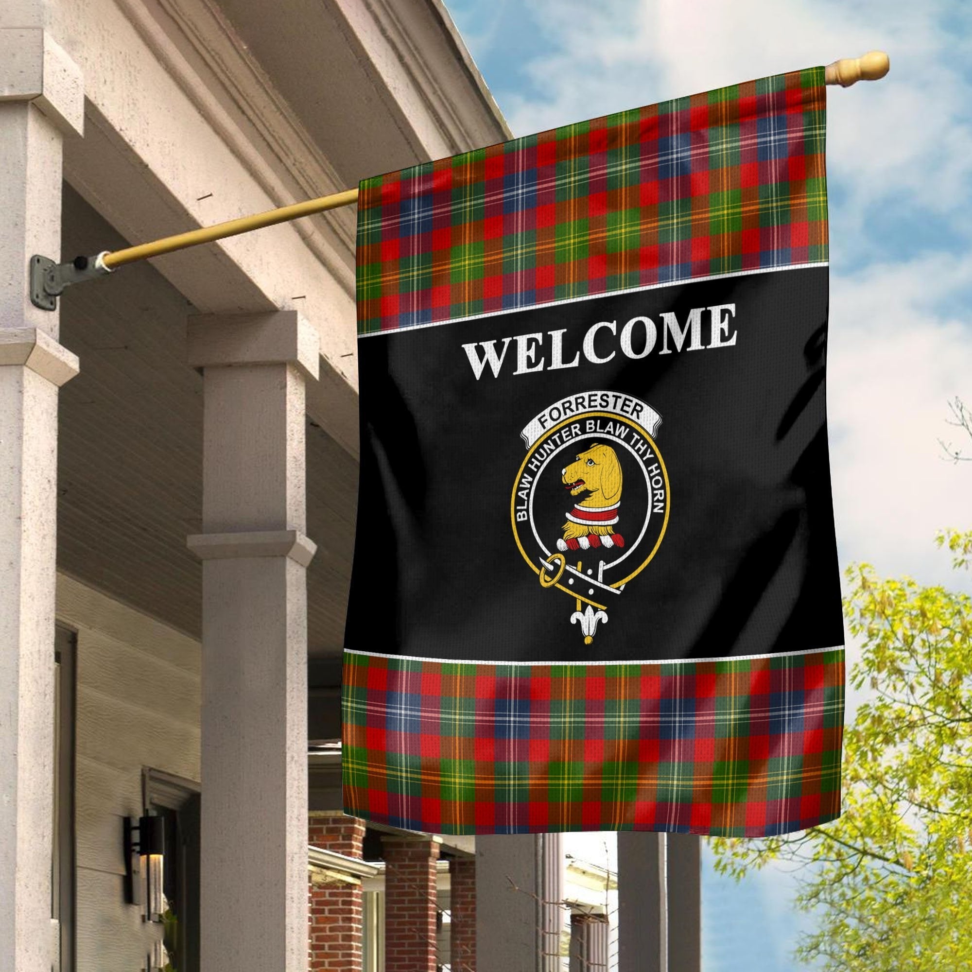 Clan Forrester Tartan Crest Black Garden Flag WZ43 Clan Forrester Tartan Today   