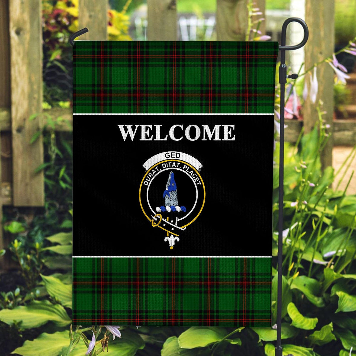 Clan Ged Tartan Crest Black Garden Flag QR91 Clan Ged Tartan Today   