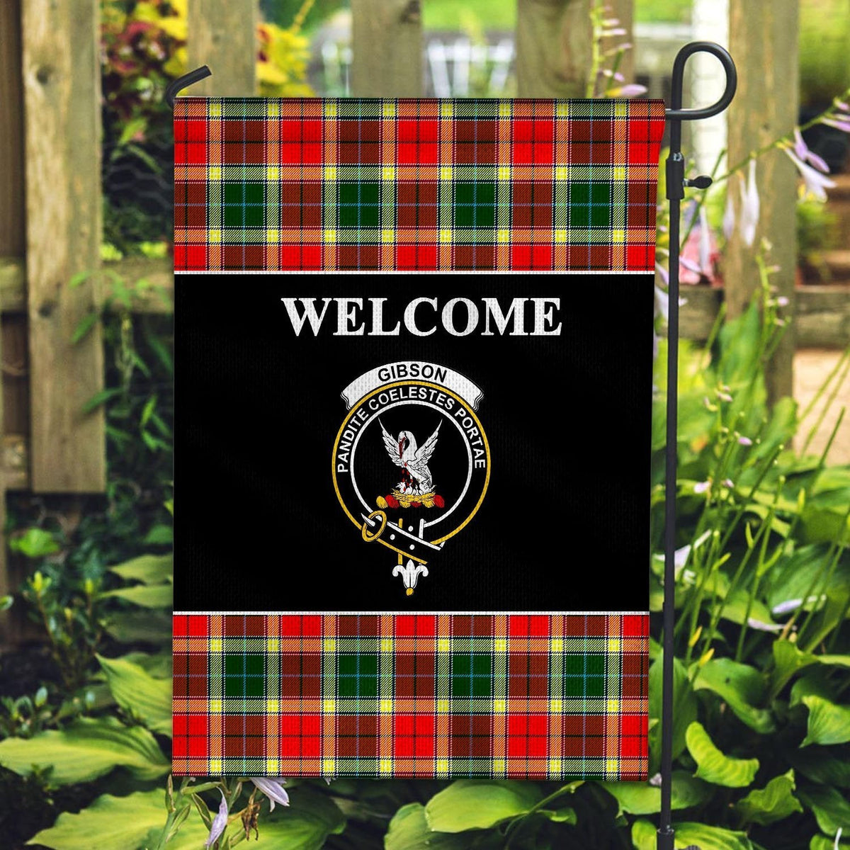 Clan Gibson Tartan Crest Black Garden Flag KN76 Clan Garden Tartan Today   