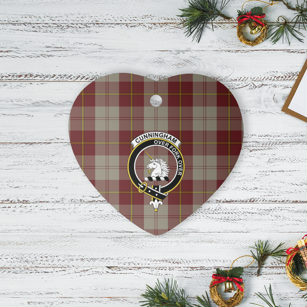 Clan Cunningham Burgundy Dancers Tartan Crest Heart Ceramic Ornament YF28 Cunningham Burgundy Dancers Tartan Tartan Christmas   