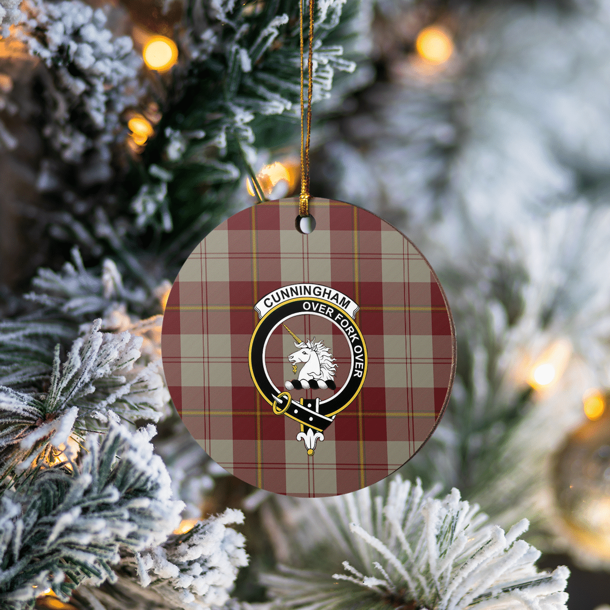 Clan Cunningham Burgundy Dancers Tartan Crest Round Ceramic Ornament OS27 Cunningham Burgundy Dancers Tartan Tartan Christmas   