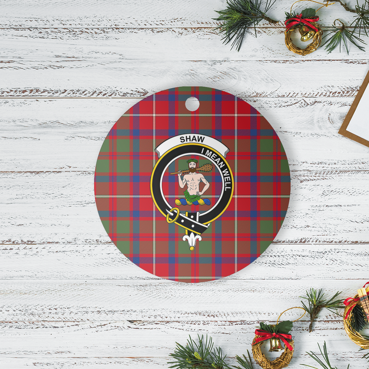 Clan Shaw Red Modern Tartan Crest Round Ceramic Ornament PJ95 Shaw Red Modern Tartan Tartan Christmas   