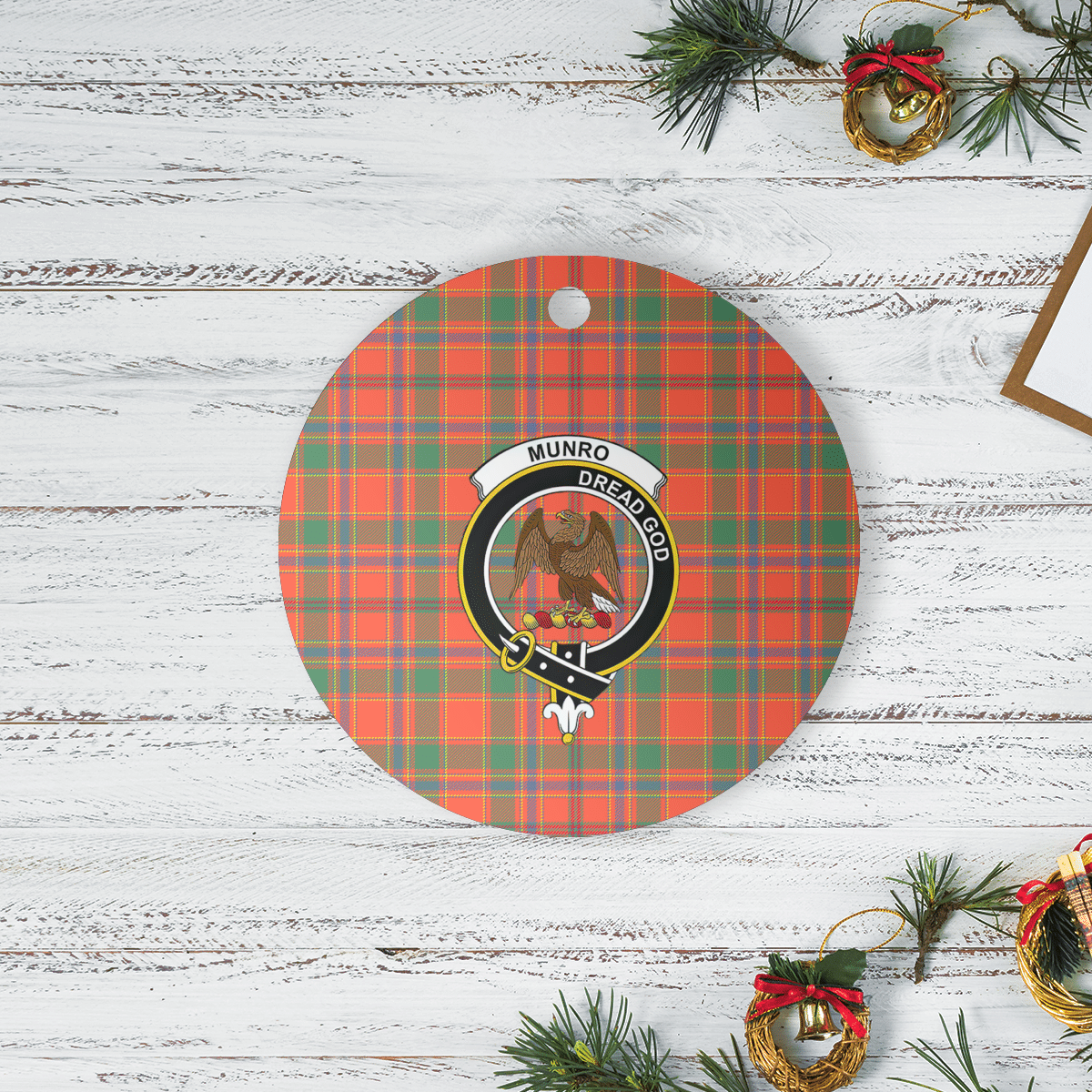 Clan Munro Ancient Tartan Crest Round Ceramic Ornament XA35 Munro Ancient Tartan Tartan Christmas   