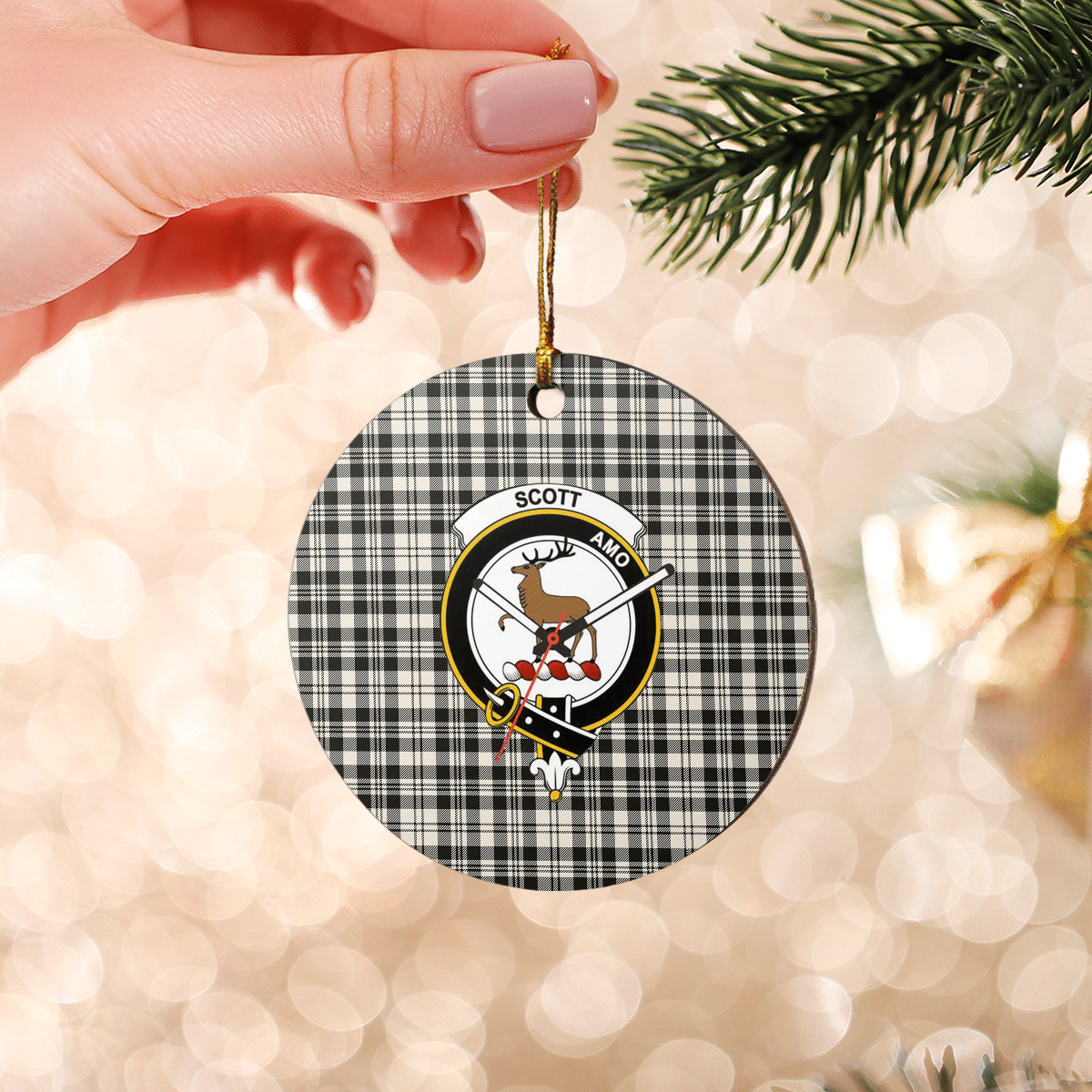 Clan Scott Black & White Ancient Tartan Crest Round Ceramic Ornament RC78 Scott Black & White Ancient Tartan Tartan Christmas   