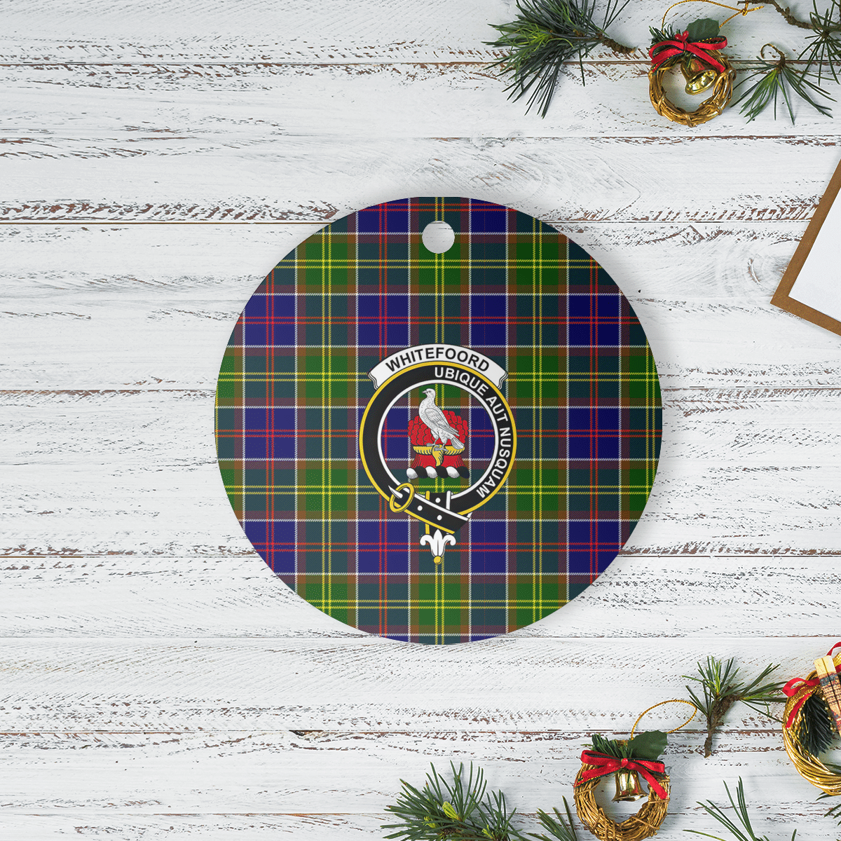 Clan Whitefoord Tartan Crest Round Ceramic Ornament NU24 Whitefoord Tartan Tartan Christmas   