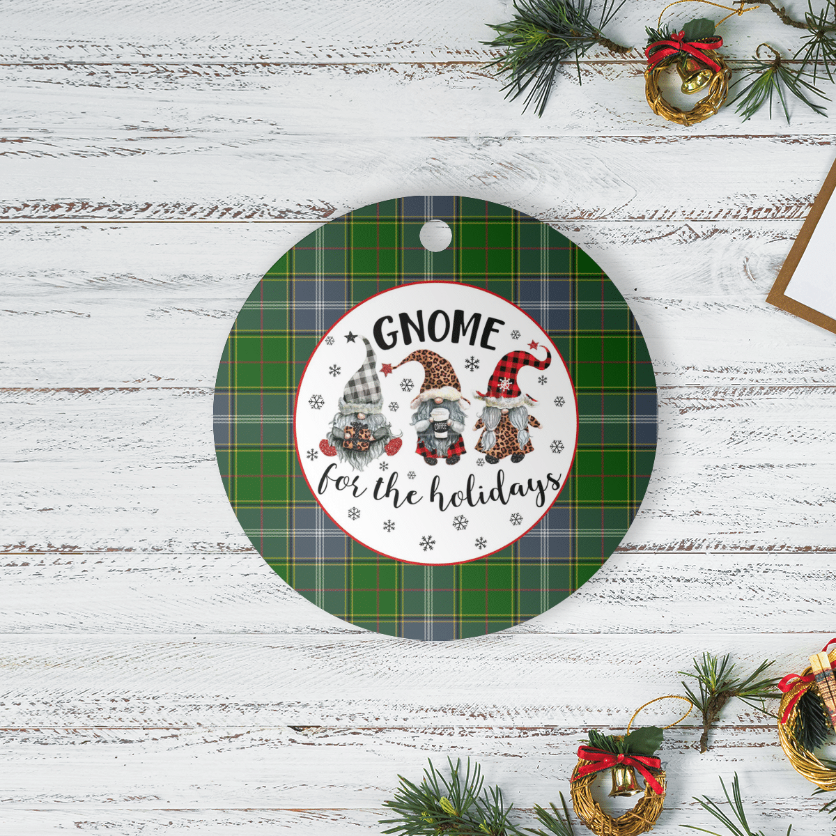 Clan Pringle Tartan Tartan Crest Gnome Round Ceramic Ornament IQ15 Pringle Tartan Tartan Christmas   