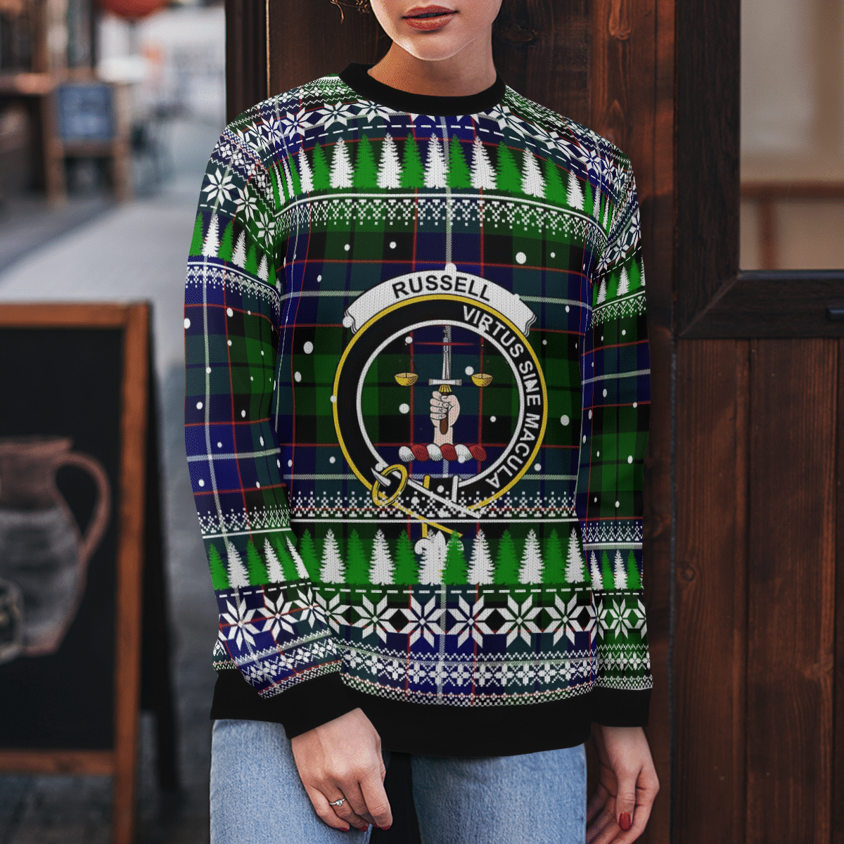 Clan Russell Modern Crest Tartan Christmas Ugly Sweater GK18 Russell Modern Crest Tartan Tartan Ugly Sweater   