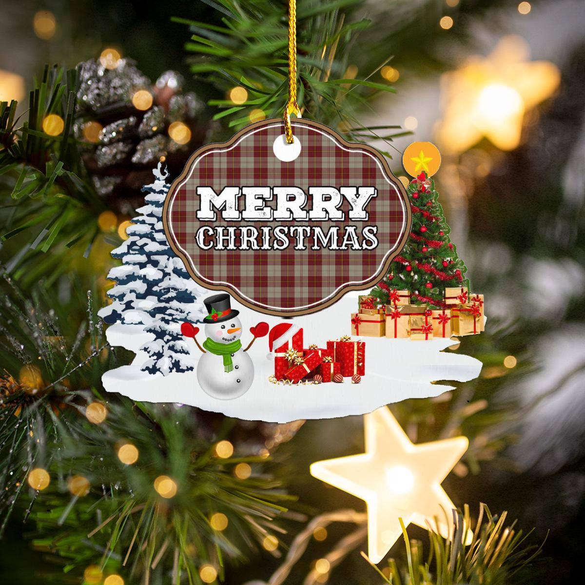 Clan Cunningham Burgundy Dancers "Merry Christmas" Tartan Acrylic Ornament XU78 Cunningham Burgundy Dancers Tartan Tartan Christmas   