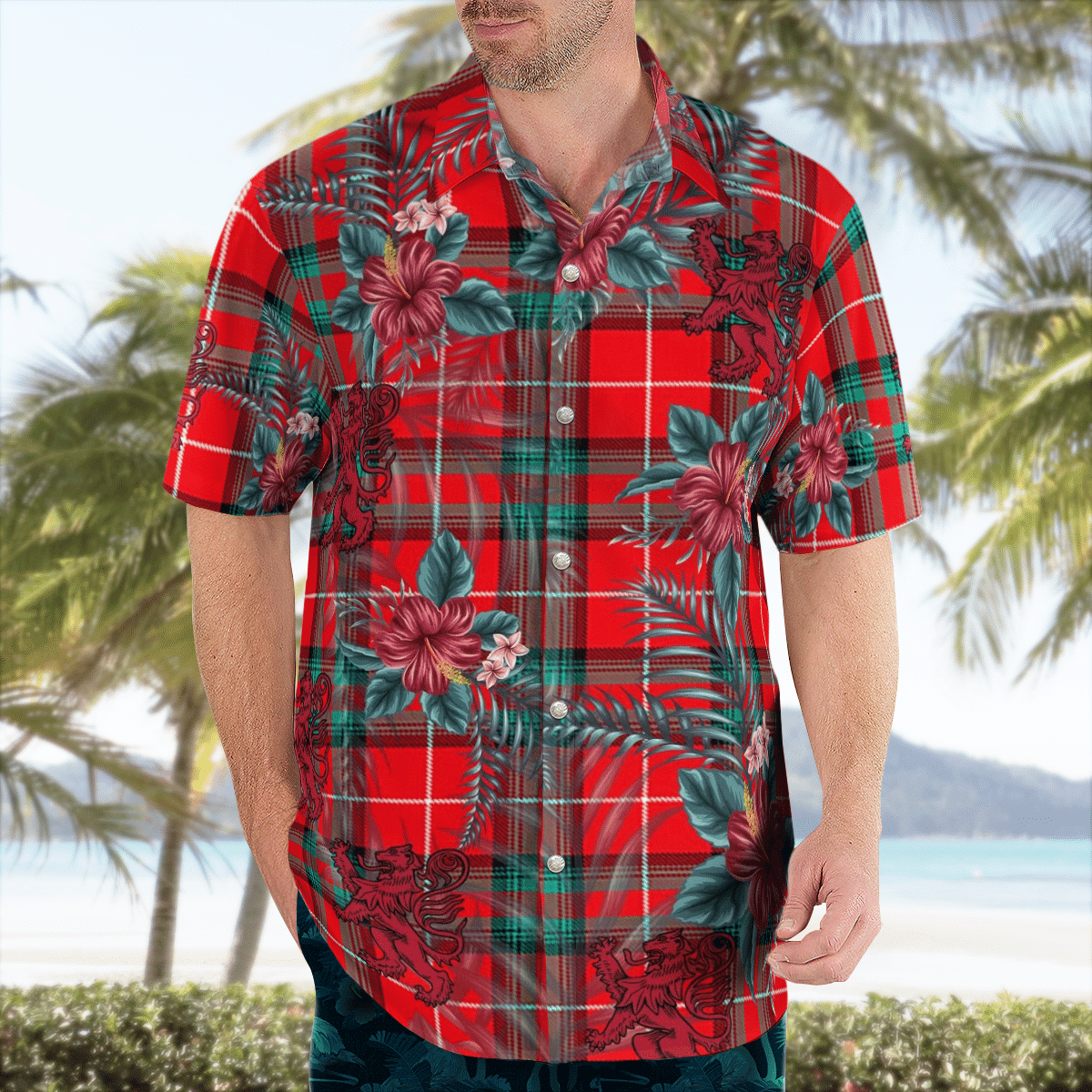 Clan Stuart of Bute Tartan Scottish Lion Hawaiian Shirt RW86 Stuart of Bute Tartan Tartan Hawaii Shirt   