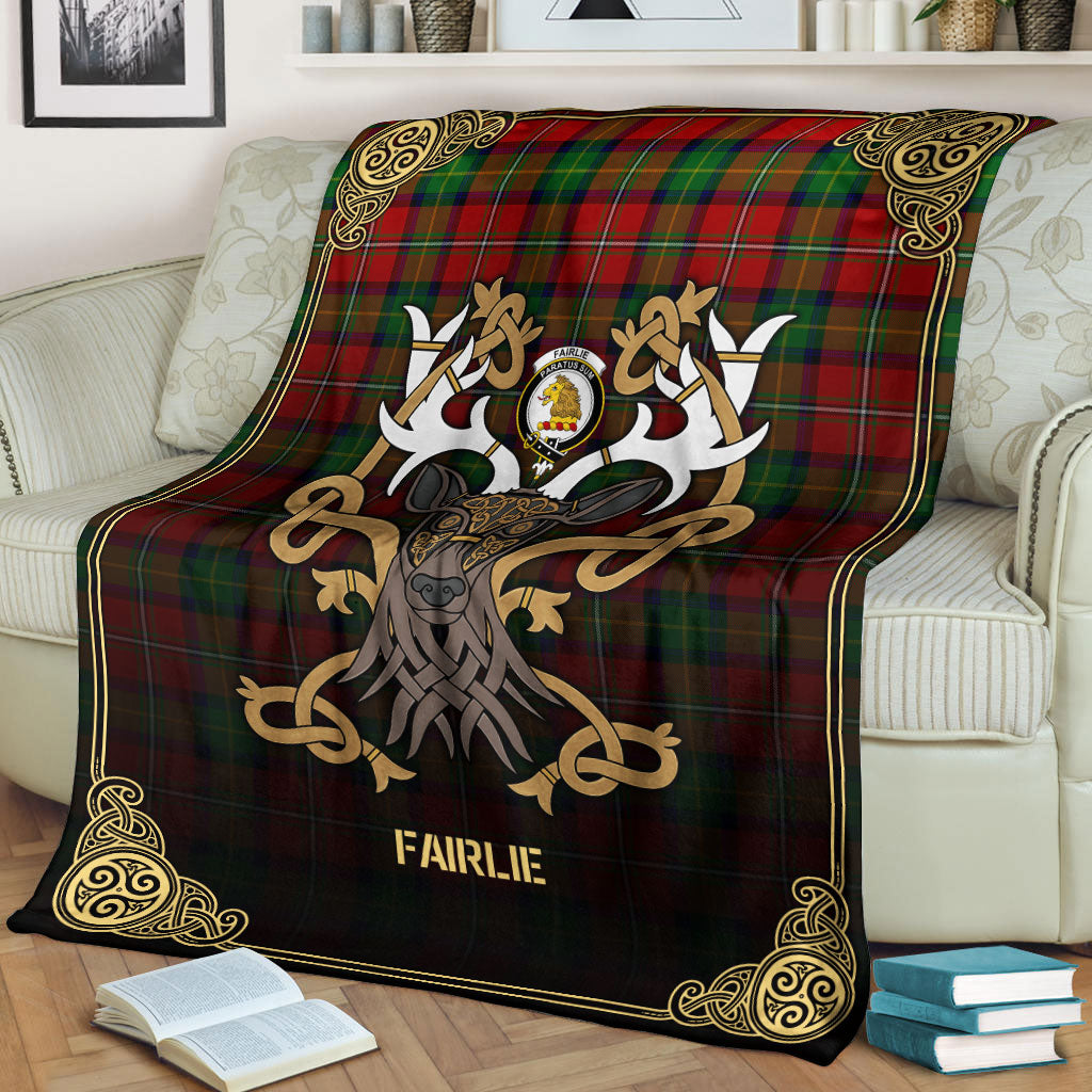 Clan Fairlie Tartan Crest Premium Blanket Celtic Stag Style CU58 Clan Fairlie Tartan Today   