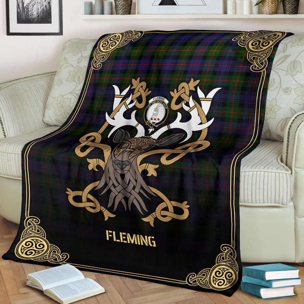 Clan Fleming Tartan Crest Premium Blanket Celtic Stag Style GX18 Clan Fleming Tartan Today   