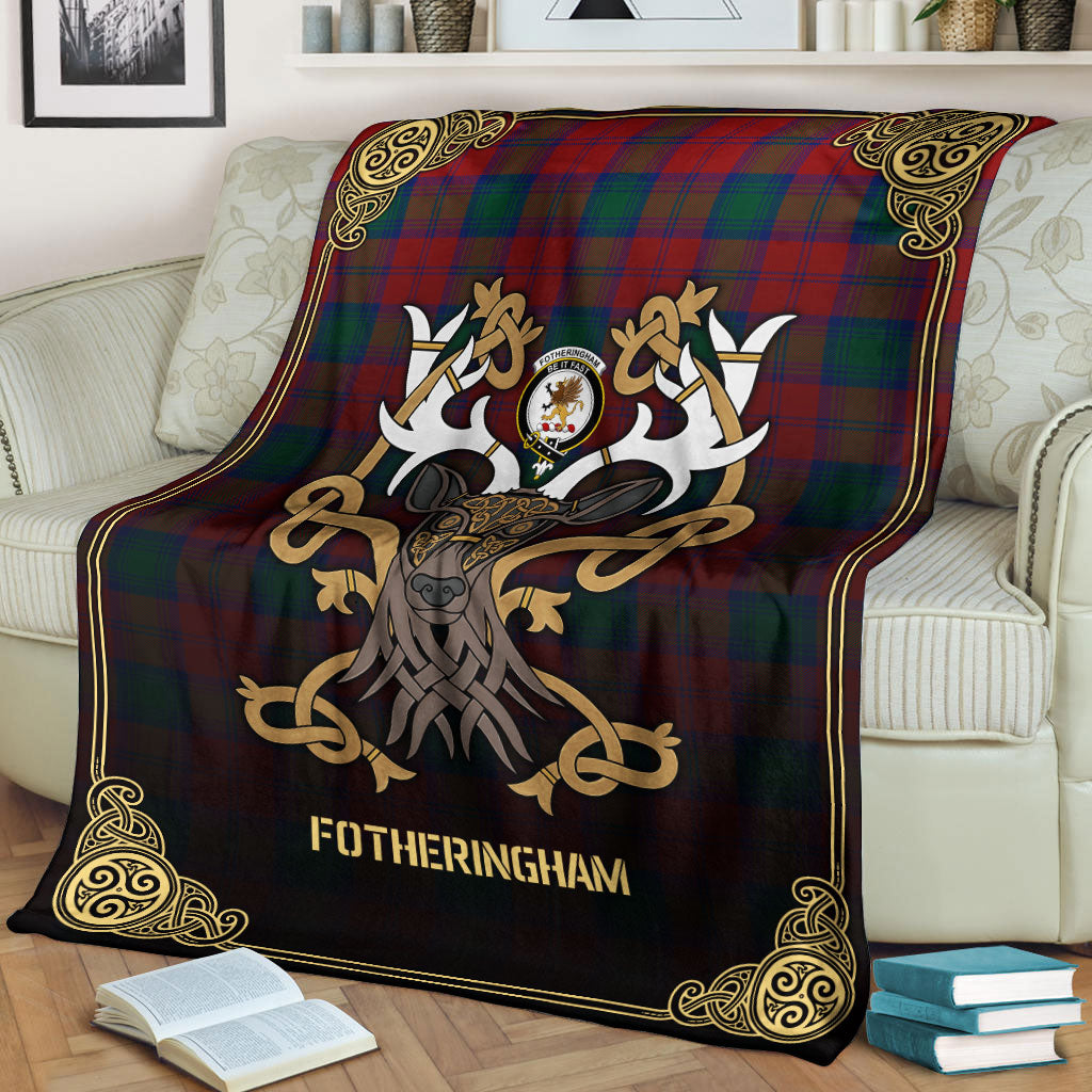 Clan Fotheringham Tartan Crest Premium Blanket Celtic Stag Style VC55 Clan Fotheringham Tartan Today   