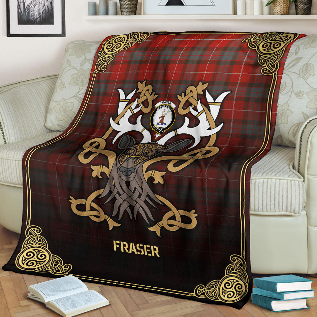 Clan Fraser (of Lovat) Weathered Tartan Crest Premium Blanket Celtic Stag Style KO28 Clan Fraser Tartan Today   