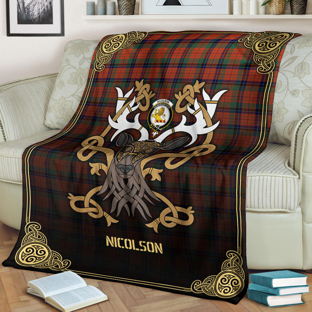 Clan Nicolson Ancient Tartan Crest Premium Blanket Celtic Stag Style JK26 Clan Nicolson Tartan Today   