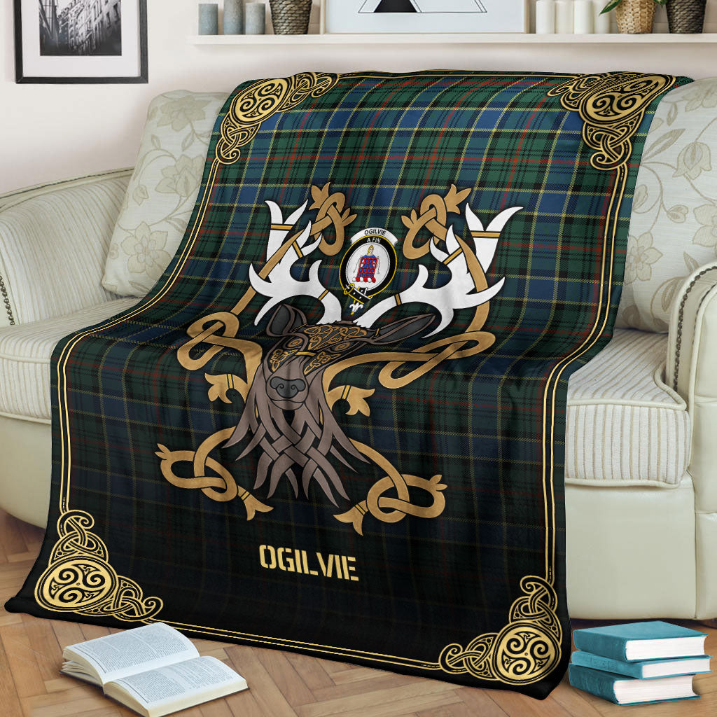 Clan Ogilvie Hunting Ancient Tartan Crest Premium Blanket Celtic Stag Style EE27 Clan Ogilvie Tartan Today   