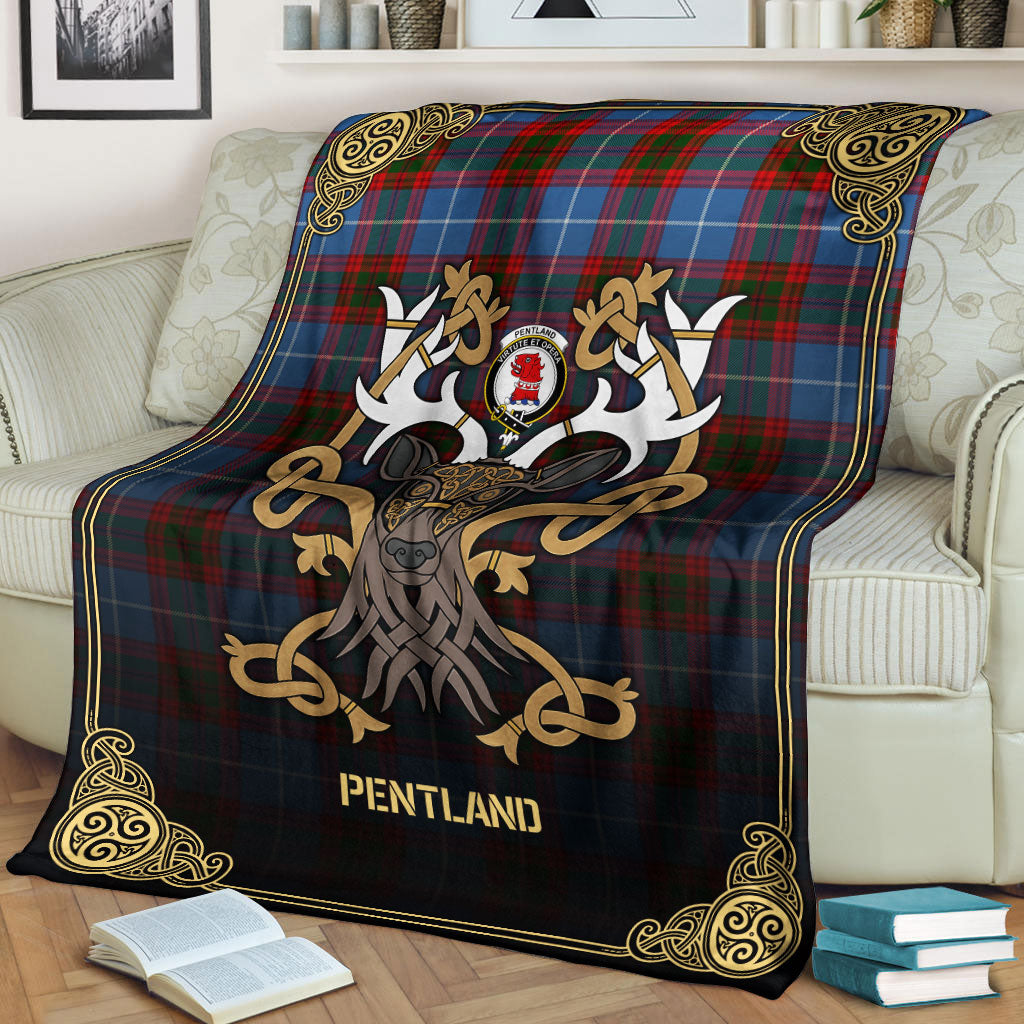 Clan Pentland Tartan Crest Premium Blanket Celtic Stag Style MV93 Clan Pentland Tartan Today   