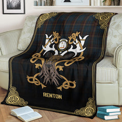 Clan Renton Tartan Crest Premium Blanket Celtic Stag Style OC59 Clan Hall Tartan Today   