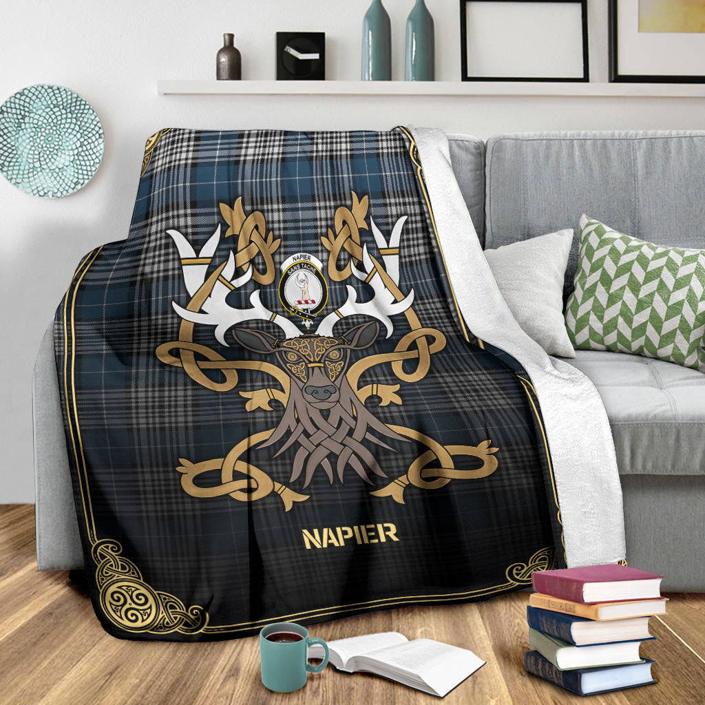 Clan Napier Modern Tartan Crest Premium Blanket Celtic Stag Style SI76 Clan Napier Tartan Today   