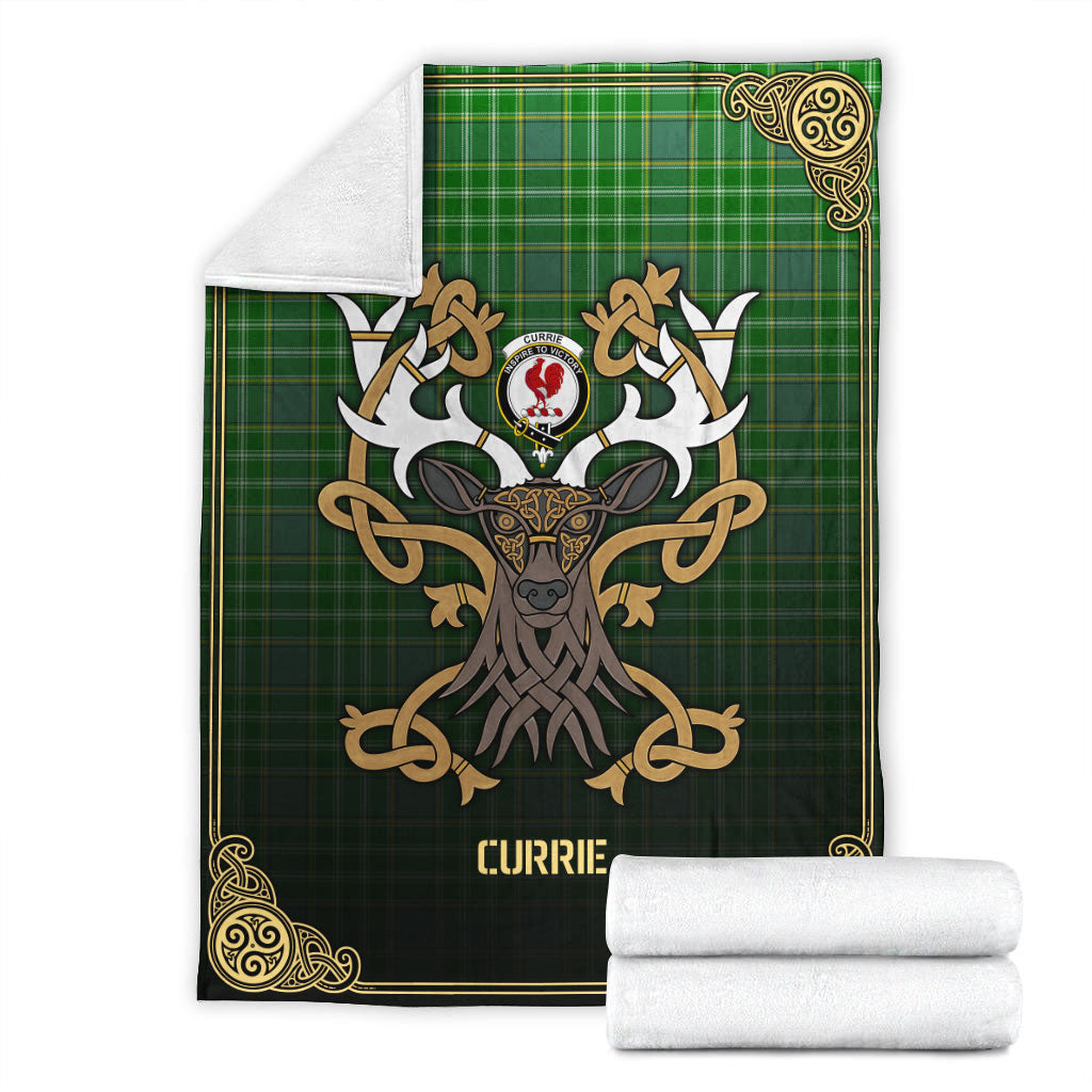 Clan Currie or Curry Tartan Crest Premium Blanket Celtic Stag Style NO35 Clan Currie Tartan Today   