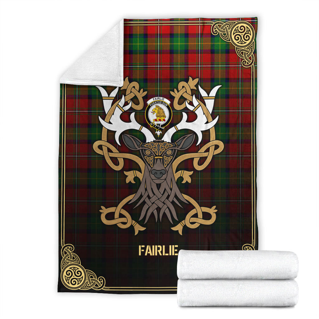 Clan Fairlie Tartan Crest Premium Blanket Celtic Stag Style CU58 Clan Fairlie Tartan Today   