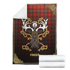 Clan Fraser (of Lovat) Weathered Tartan Crest Premium Blanket Celtic Stag Style KO28 Clan Fraser Tartan Today   