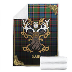 Clan Glass Tartan Crest Premium Blanket Celtic Stag Style KO95 Clan Glass Tartan Today   