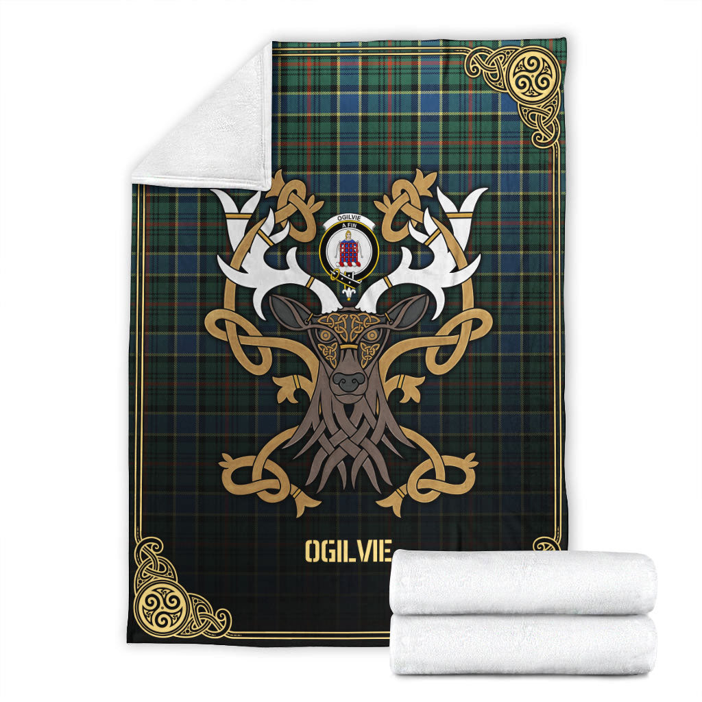 Clan Ogilvie Hunting Ancient Tartan Crest Premium Blanket Celtic Stag Style EE27 Clan Ogilvie Tartan Today   