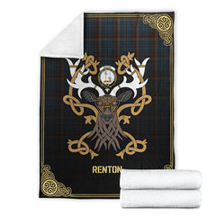 Clan Renton Tartan Crest Premium Blanket Celtic Stag Style OC59 Clan Hall Tartan Today   